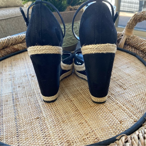 Black Open Toe Mesh Espadrille Ankle Strap Wedge Sandal - Picture 5 of 9